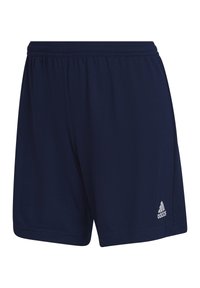 Marineblaue Sportshorts aus leichtem Material. Mit elastischem Bund und kleinem weißen Adidas-Logo auf der unteren linken Seite.