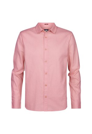 Chemise rose à manches longues avec col, avec sept boutons sur le devant et une coupe décontractée.