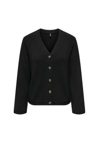 Cardigan nero in maglia con scollo a V, maniche lunghe e sei bottoni anteriori. Presenta un orlo e polsini a coste per una maggiore struttura.