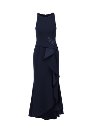Abito senza maniche blu navy con corpetto aderente e strati di volant drappeggiati nella gonna. Presenta un accent decorativo di perline in vita.