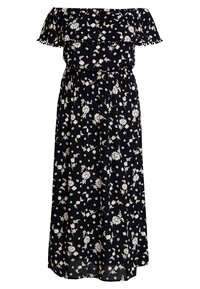 Maxi sukienka na ramiączkach w czarnym materiale z białym kwiatowym wzorem, z falbanowymi rękawami i elastycznym pasem dla swobodnego dopasowania.