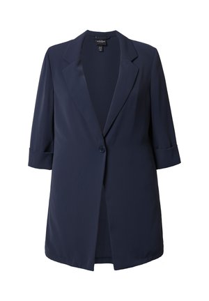 Navyblauer Damenblazer mit dreiviertellangen Ärmeln, Ein-Knopf-Verschluss und Reverskragen mit Kerbe, auf weißem Hintergrund dargestellt.