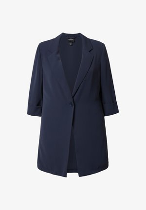 Navyblauer Damenblazer mit dreiviertellangen Ärmeln, Ein-Knopf-Verschluss und Reverskragen mit Kerbe, auf weißem Hintergrund dargestellt.