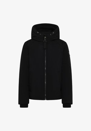 Czarna kurtka z kapturem, zamkiem i kieszeniami bocznymi. Posiada ściągacze przy mankietach oraz metkę z logo. Gładka tekstura i średniej długości krój.