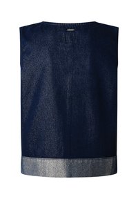 Tume sinine denimpitside vähenenud varrukatega suletav pluus, mille alumine äär on hõbedase metallikusega. Sujuv tekstuur ja lihtne, kaunistamata disain.