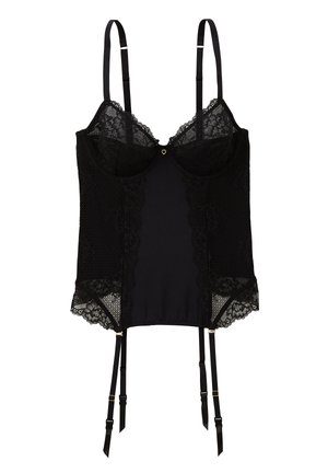 Soutien-gorge en dentelle noire avec accents en dentelle, bonnets à armatures, sangles ajustables et porte-jarretelles. Présente un centre en tissu lisse et des motifs complexes.