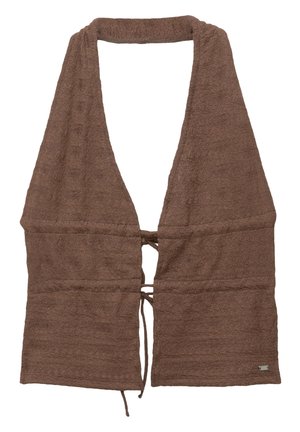 Bruine badstof wikkel met een diepe V-hals, verstelbare strikdetails in de taille, gestructureerd oppervlak met een subtiel patroon, open voorkant ontwerp.