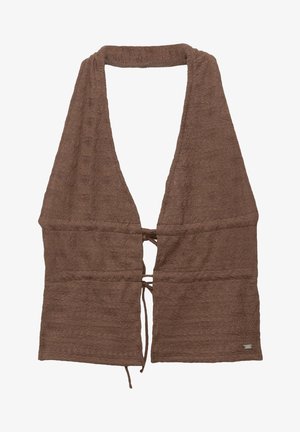 Brun terry-stof wrap med dyb V-hals, justerbar bånddetalje i taljen, tekstureret overflade med et subtilt mønster, åbent frontdesign.