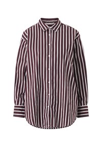 Button-up shirt in burgundy with white vertical stripes. Features long sleeves, a classic collar, and a curved hem. Cotton blend material.