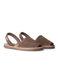 Brown suede open-toe sandals with a slingback design, featuring beige stitching and a contrasting rubber sole for grip.