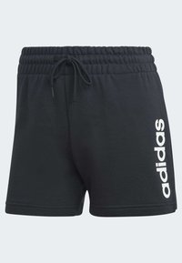 Čierne atletické šortky vyrobené z mäkkého materiálu, s elastickým pásom a nastaviteľnou šnúrkou, na boku s bielym logom Adidas.