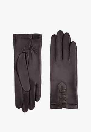 Gants en cuir marron avec une texture lisse, ornés de trois boutons et d'un design cousu, affichant une forme élégante et structurée.