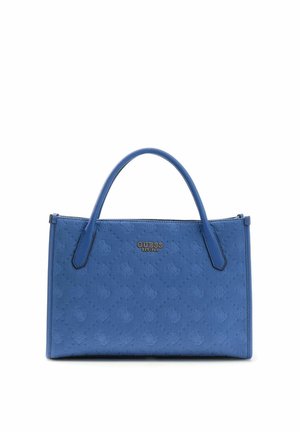 Sac à main Blue Guess avec motif monogramme, double poignées supérieures et plaque logo dorée centrée sur le panneau avant.
