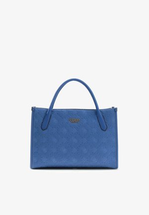 Sac à main Blue Guess avec motif monogramme, double poignées supérieures et plaque logo dorée centrée sur le panneau avant.