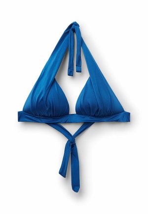 Modrý trojúhelníkový bikiny top s halterem za krkem a zavazováním vzadu, vyrobený z hladké látky.