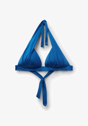 Modrý trojúhelníkový bikiny top s halterem za krkem a zavazováním vzadu, vyrobený z hladké látky.