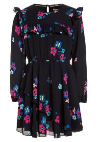 Vestito floreale in blu scuro con fiori multicolore. Caratterizzato da scollo con volant, maniche lunghe e gonna a strati con vita elasticizzata.