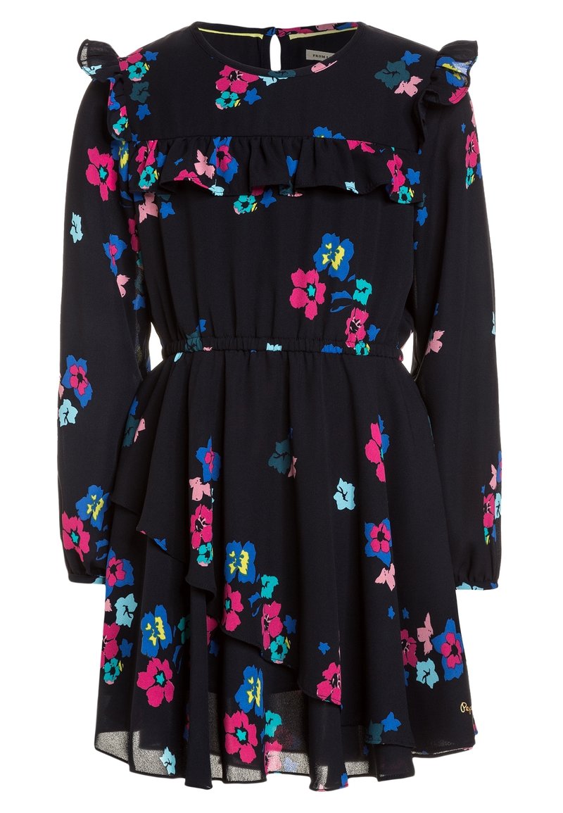 Vestito floreale in blu scuro con fiori multicolore. Caratterizzato da scollo con volant, maniche lunghe e gonna a strati con vita elasticizzata.