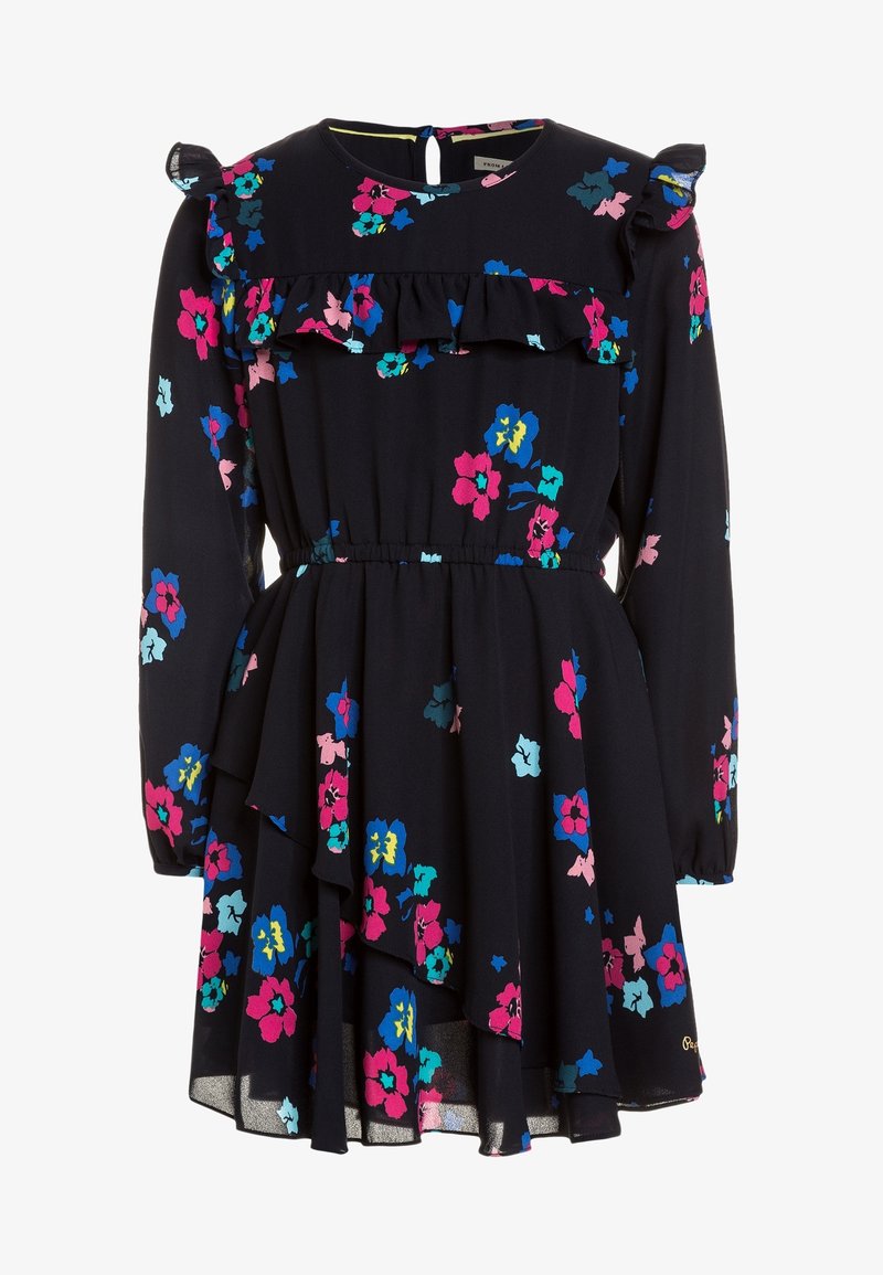 Blommig klänning i mörk marinblå med blommor i flera färger. Har rynkad halsringning, långa ärmar och lager-på-lager-kjol med elastisk midja.