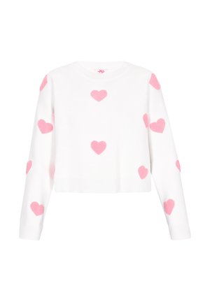 Pulover alb scurt cu model de inimi roz. Are un guler rotund și mâneci lungi. Textură moale cu un finisaj tricotat.