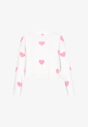 Balts kroptais džemperis ar rozā sirds rakstu. Iespējams, apaļš kakla izgriezums un garas piedurknes. Mīksta tekstūra ar adītu apdari.