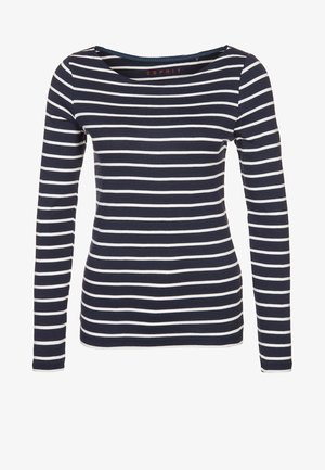 Laivastonsininen pitkähihainen t-paita, jossa valkoiset vaakaraidat, pyöreä kaula-aukko ja pieni merkin logo vasemmassa alareunassa, valmistettu pehmeästä kankaasta.