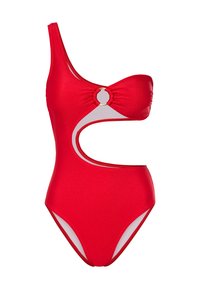 Maillot de bain une pièce rouge avec une seule bretelle, découpes sur les côtés et détail en anneau doré au niveau de la poitrine. Tissu lisse avec une finition brillante.