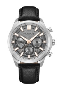 Męski zegarek z czarnym skórzanym paskiem, szarym teksturowanym cyferblatem, srebrną metalową kopertą, różowozłotymi akcentami oraz funkcjami chronografu.