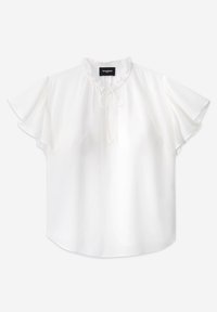 Vit blus med korta volangärmar och rynkad halsringning, med en dragsko-detalj. Slät, lättviktig tyg, avslappnad passform.