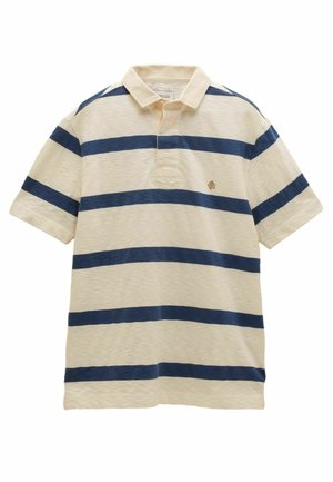 Close-up of a person's neck and shoulder wearing a blue and white striped collared shirt with "JOULES" embroidered at the back.