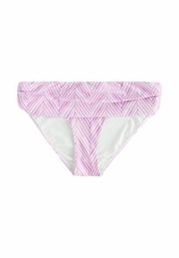 Dolna część bikini w białym i jasnoróżowym materiale. Posiada ukośne paski z teksturowanym wzorem. Elastyczna talia zapewnia ciasne dopasowanie.