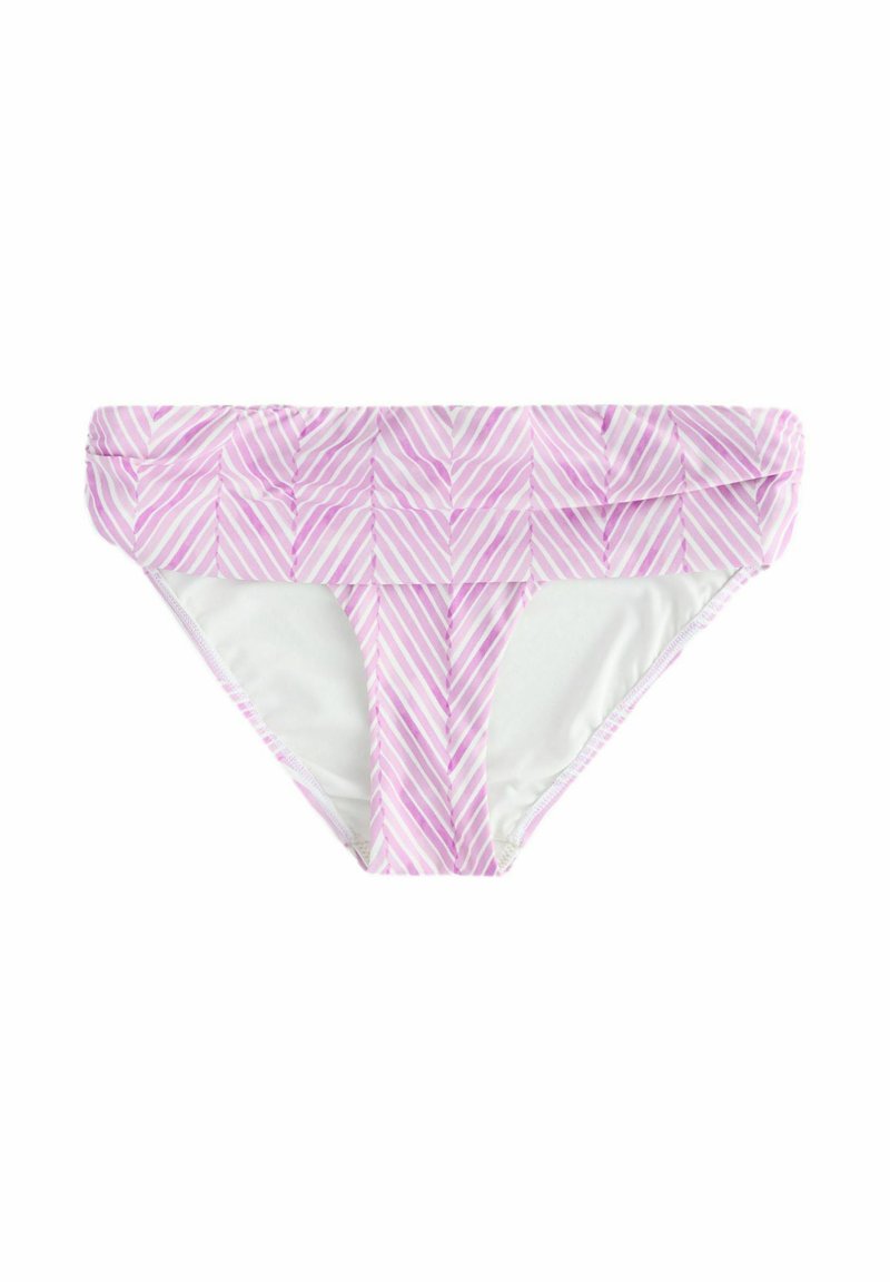 Dolna część bikini w białym i jasnoróżowym materiale. Posiada ukośne paski z teksturowanym wzorem. Elastyczna talia zapewnia ciasne dopasowanie.