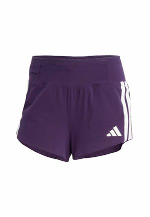 Paarse sportshorts met een brede tailleband, gemaakt van lichtgewicht stof. Heeft een wit Adidas-drie-strepenontwerp aan de zijkanten.