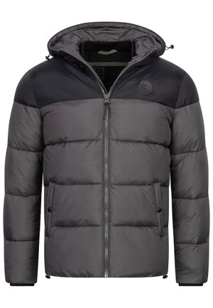 Puffer jacket with a hood, black and gray color blocks, zip front, horizontal quilted design, elastic cuffs, and two front pockets.