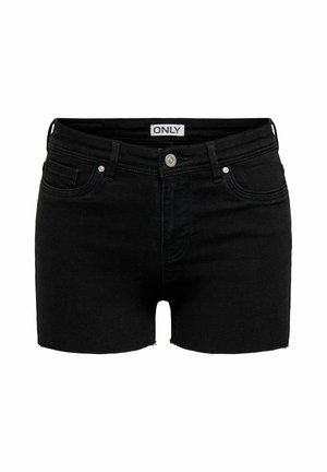 Sorte denimshorts med knaplukning foran, bæltestropper, to forlommer og et lille hvidt mærke med teksten "ONLY" indeni linningen.