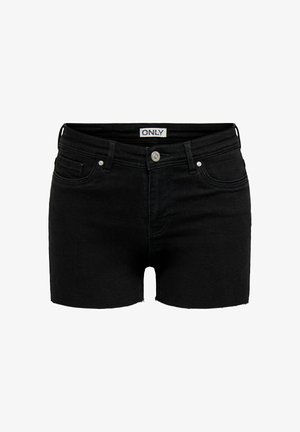 Sorte denimshorts med knaplukning foran, bæltestropper, to forlommer og et lille hvidt mærke med teksten "ONLY" indeni linningen.