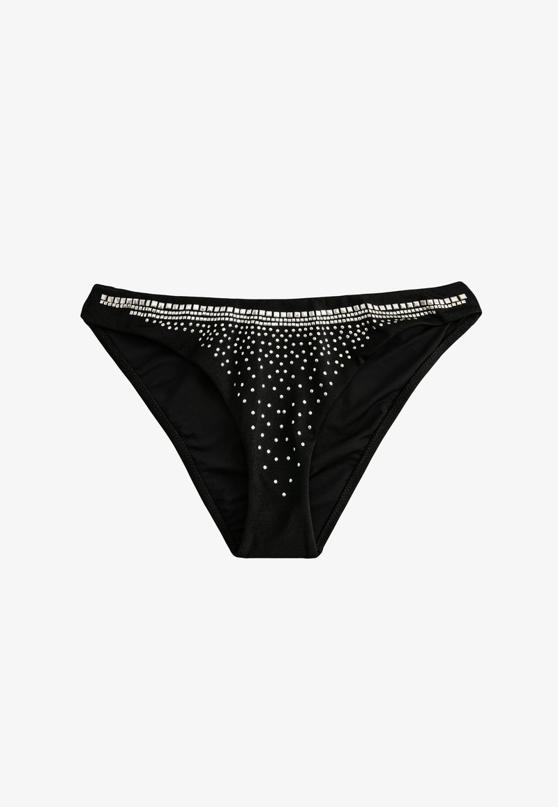 Sort bikini bund med en pyntet talje, hvor små sølvstjerner er arrangeret i et gradientmønster. Blødt stof med elastiske kanter.