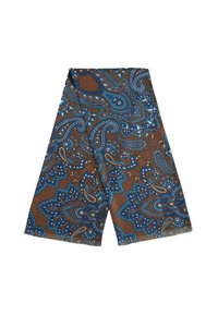 Bruine sjaal met blauwe en witte ingewikkelde paisley bloemenpatronen, plat gevouwen met franjes aan de randen.