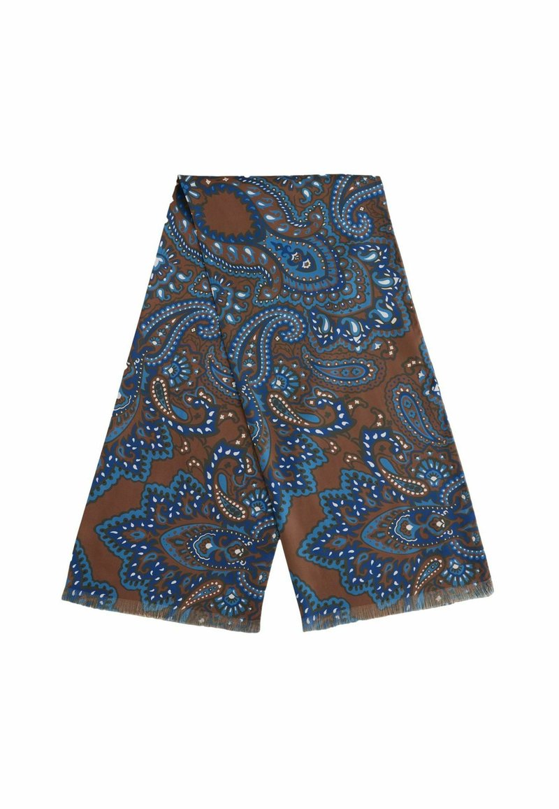 Bruine sjaal met blauwe en witte ingewikkelde paisley bloemenpatronen, plat gevouwen met franjes aan de randen.