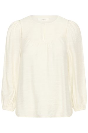 Krẹmas krāsas blūze ar garām piedurknēm, savākti plecu gabali, apaļa kakla izgriezums, viegli uzpufotas plecas un elastīgas aproces.