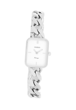 Silver rectangular watch with white face, chain link bracelet, simple hour markers, and brand name "OOOZOO" on the dial.