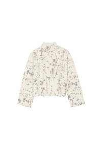Maglione corto con un collo alto, realizzato in tessuto cremoso testurizzato con un motivo a macchie grigie e maniche lunghe.