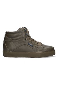 High-top sneaker made of olive green textured leather, featuring a padded collar, round laces, and a rubber sole with zigzag traction.