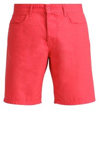 Red cotton shorts with a button closure, five pockets, and a smooth texture. Features a straight cut and hemmed edges.