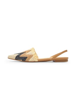 Zapato plano slingback tejido con puntera puntiaguda en tonos beige, negro y naturales, con tira y suela de cuero marrón claro.