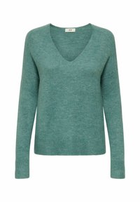Maglione a maglia verde teal morbido con maniche lunghe e scollatura a V, polsini e orlo a costine.