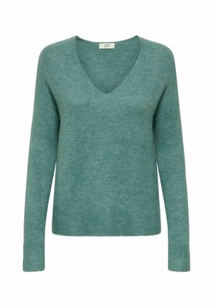 Maglione a maglia verde teal morbido con maniche lunghe e scollatura a V, polsini e orlo a costine.