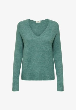 Maglione a maglia verde teal morbido con maniche lunghe e scollatura a V, polsini e orlo a costine.
