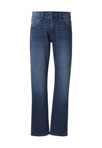 Jean en denim bleu foncé avec un design à jambe droite, style cinq poches, et un léger délavage sur les cuisses. Accents cousus aux poches.