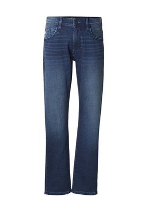 Tumesinised teksapüksid sirgjoonelise lõikega, viie taskuga ja õrnalt pleekinud reie piirkonnas. Taskutel heegeldatud aksendid.